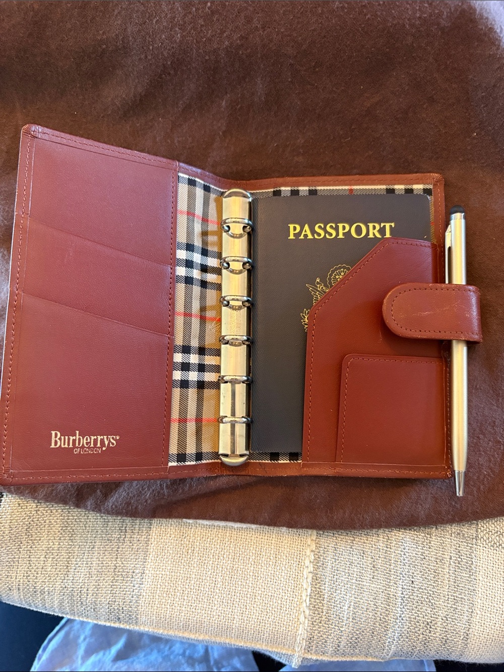 Burberry Brown Leather Organizer with Nova Check Interior